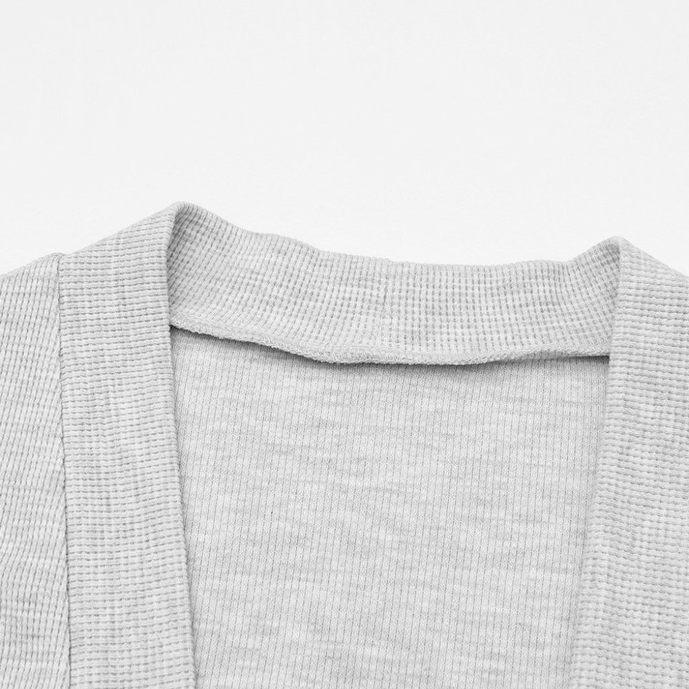 Light Gray Thermal Waffle Knit Open Front Pocketed Long Cardigan Fall Winter - Picture 6 of 10